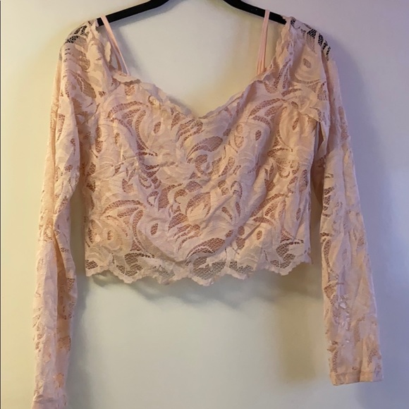 Off-the-shoulder pink lace crop top - long sleeve - Picture 1 of 3